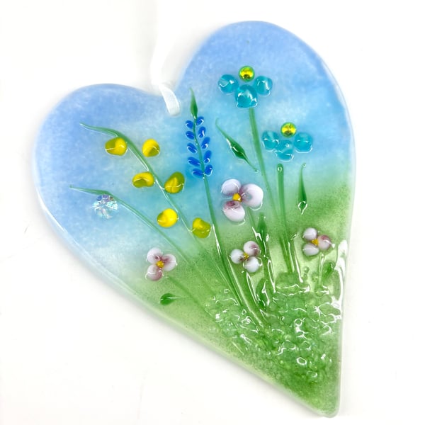 Glass Meadow Heart with Delicate Pastel Flowers