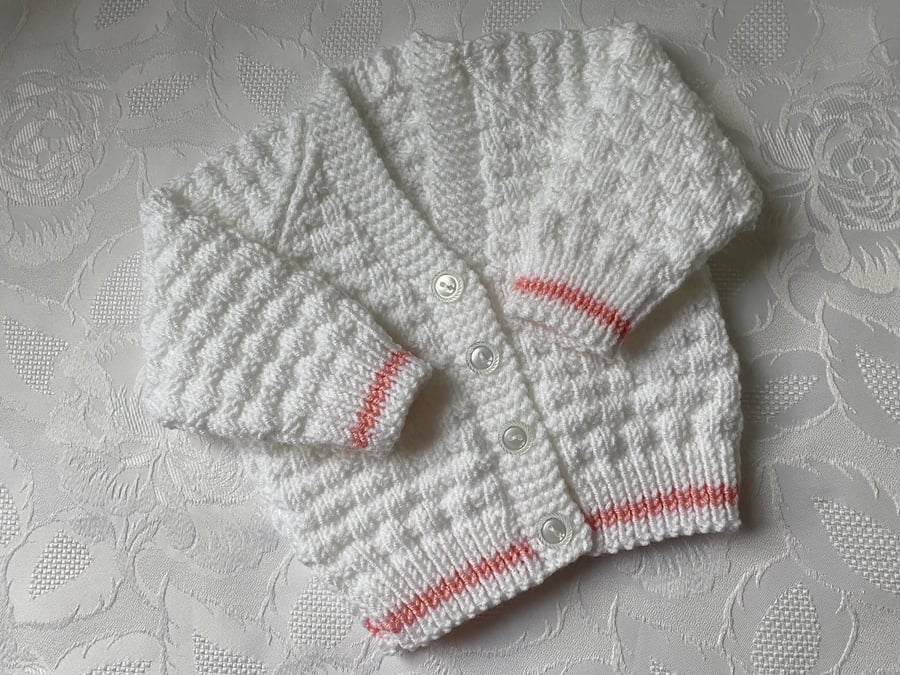 Hand knitted V neck White and Pink Cardigan to fit 0 - 3 month approx