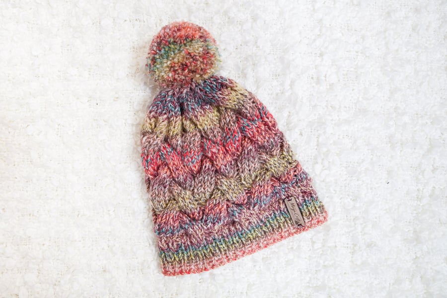 Chunky Cable Red Mix Alyssa Hat. Pom Pom Hat. Hand Knitted Wool Blend Beanie.