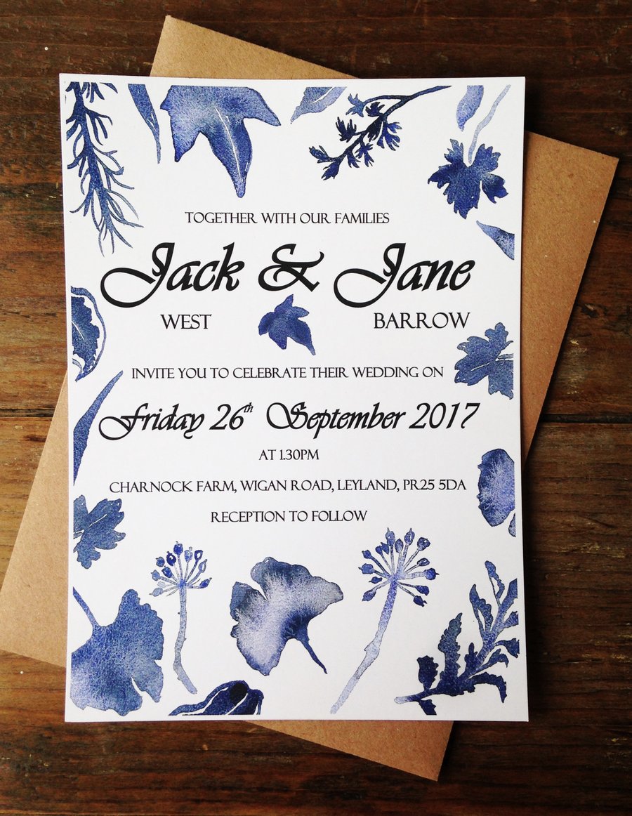 Wedding invitations, blue, leaves, watercolour, rustic, flowers, floral, natural