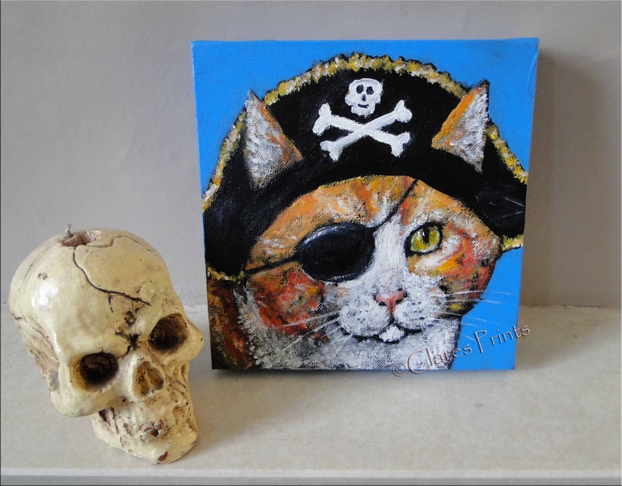 Pirate Ginger Cat Original Art Acrylic Painting on Canvas OOAK Retro Steampunk