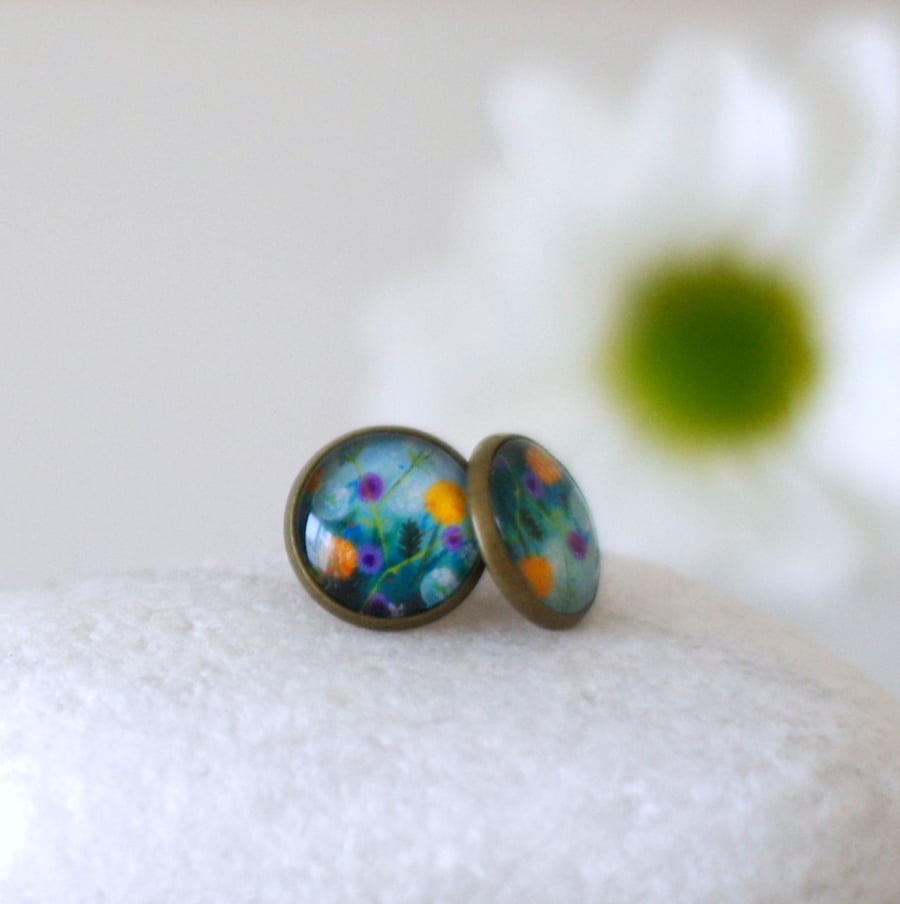 Blue Floral Stud Earrings with Art Print