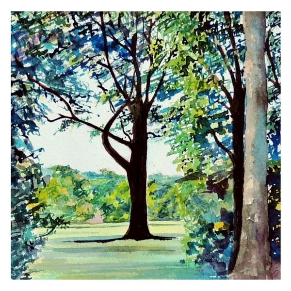 Original Woodland Landscape Watercolour Small Square  Impressionist Art