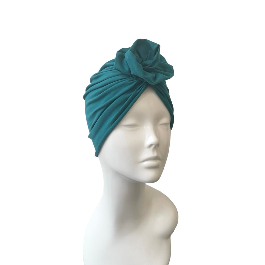 Teal Women's Turban Hat, Rosette Hair Turban, Stretch Jersey Turban, Alopecia 