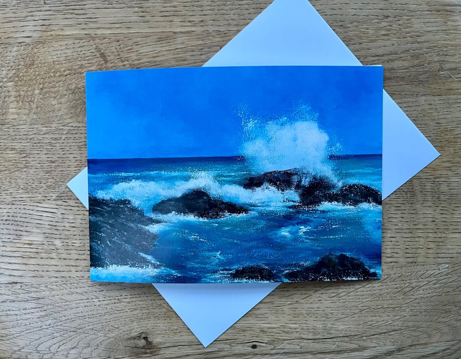 Waves crashing on rocks card