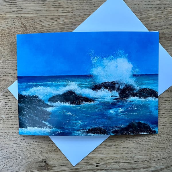 Waves crashing on rocks card