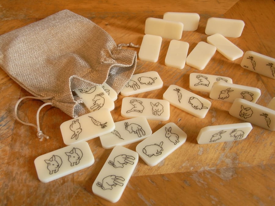 Double Bunny Dominoes Pouch vintage ivory, rabbit lovers, bunny lovers gift