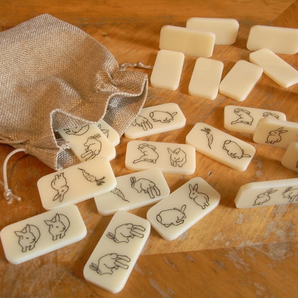 Double Bunny Dominoes Pouch vintage ivory, rabbit lovers, bunny lovers gift