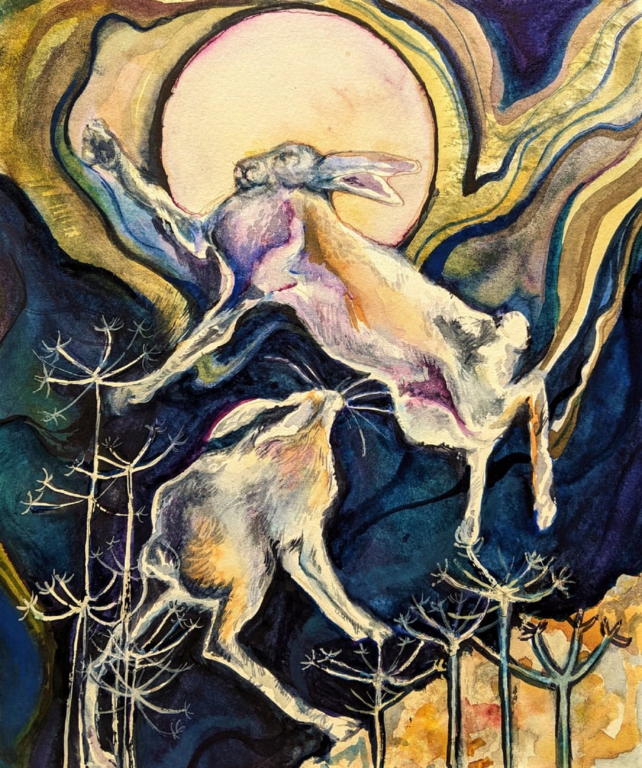 Hares by moonlight original painting watercolor art 