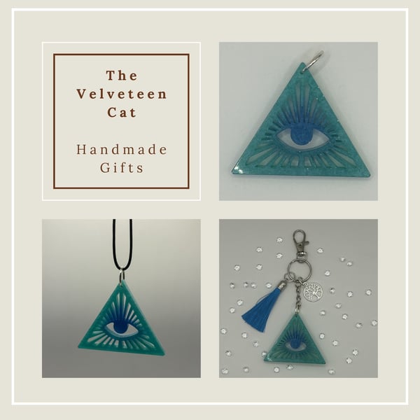 Resin All Seeing Eye Pendant, Keyring, Bag Charm - Blue and Green