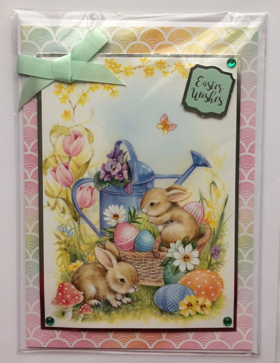 3D Luxury Handmade Easter Wishes Card Bunny Rabbits Basket of Eggs Green Bow