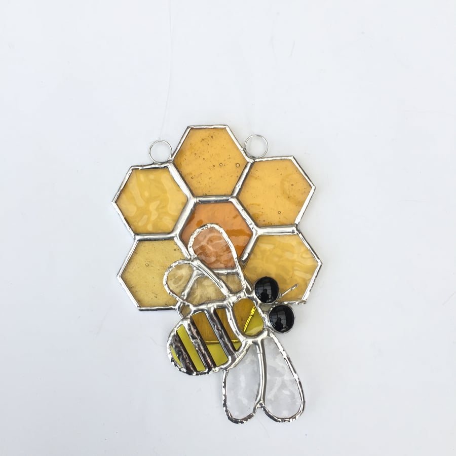 Stained Glass Bee on Honeycomb- Handmade Window Decoration 