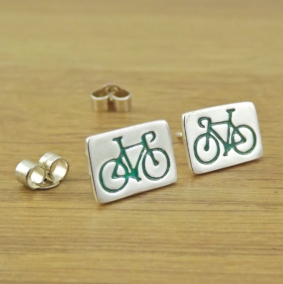 Road bike stud earrings for cyclist, handmade from sterling silver