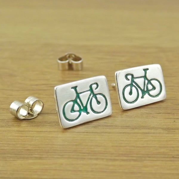 Road bike stud earrings for cyclist, handmade from sterling silver