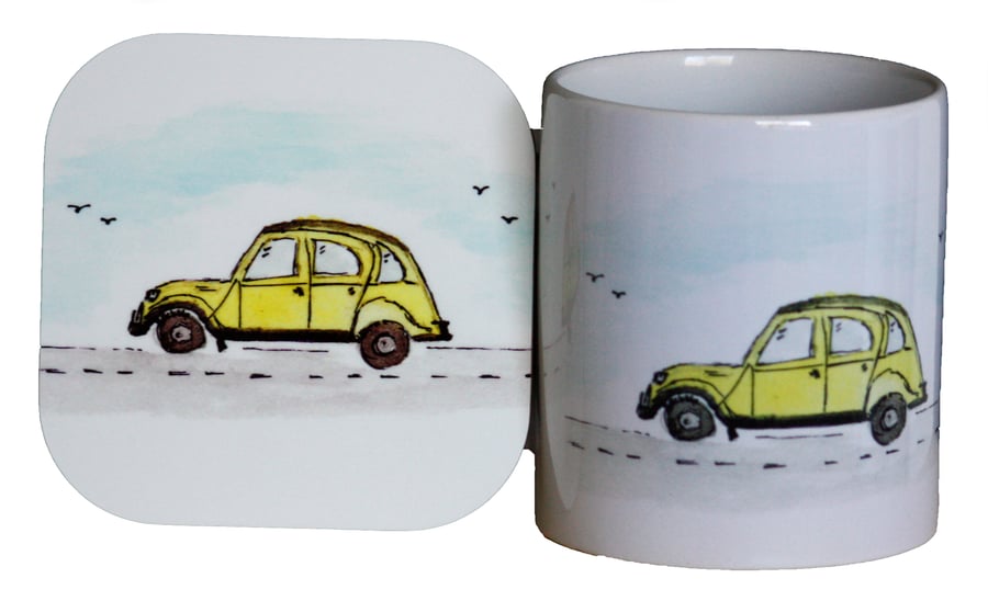 Citroen 2cv illustrated Mug and Coaster Gift set from original drawings