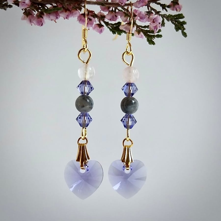 Swarovski "Tanzanite" Crystal Heart, Labradorite, Rose Quartz & Crystal Earrings