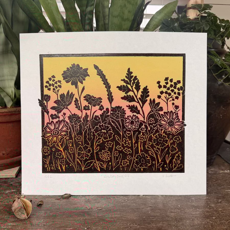 Wildflowers – Original Hand-Carved Multi-Block Lino Print OE2