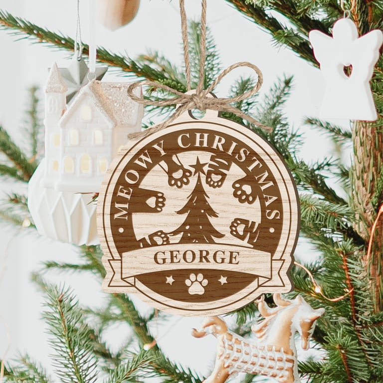 Personalised Meowy Christmas - Tree & Paws Bauble: Custom Cat Xmas Decor