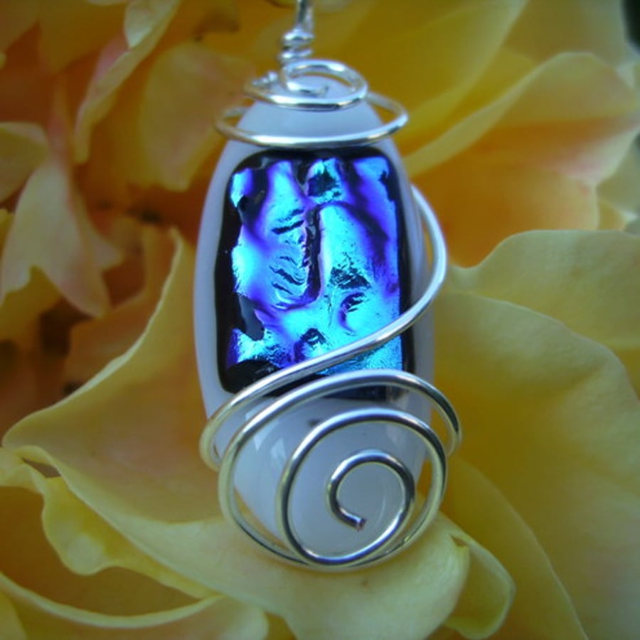 Ice Pool, blue dichroic & white fused glass pendant necklace