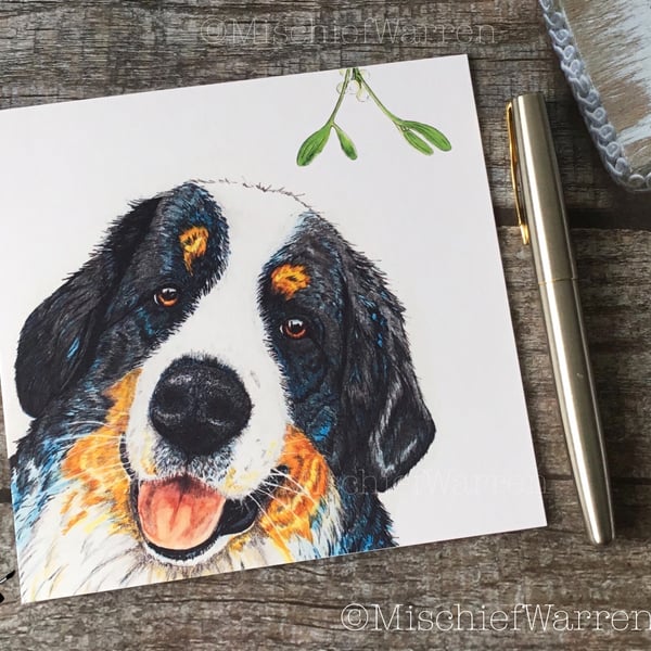 Bernese Christmas Card. Bernese Swiss Mountain dog Christmas card.