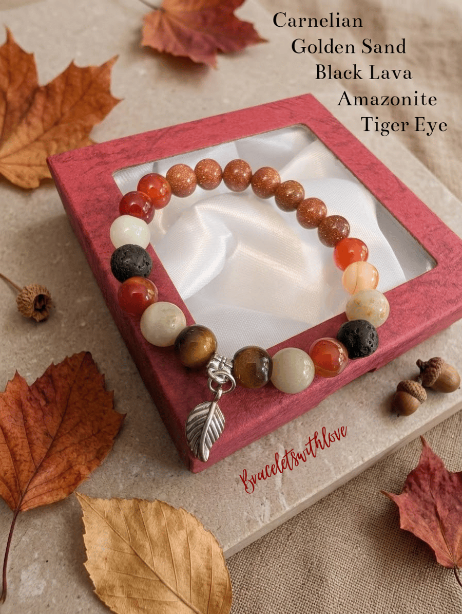 Autumn Gemstone Bracelet with Leaf Charm