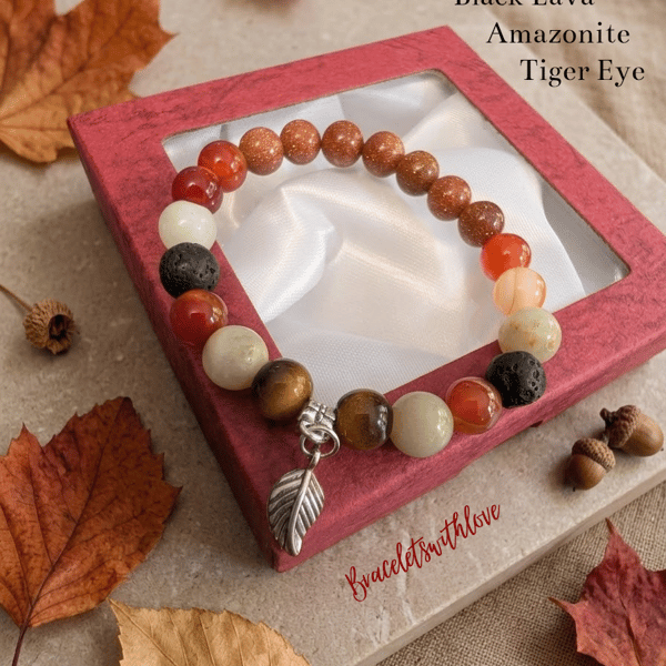 Autumn Gemstone Bracelet with Leaf Charm