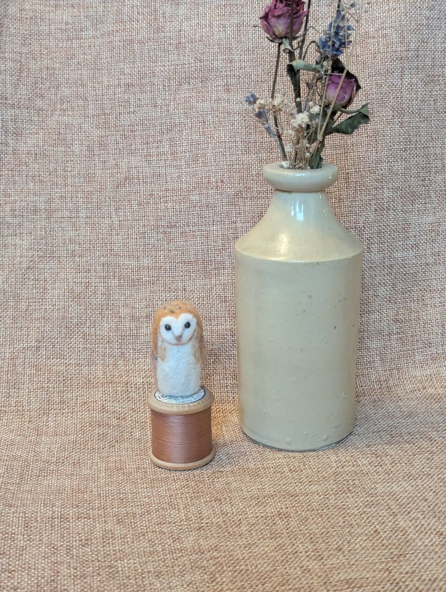 Needle Felt Barn Owl on a Vintage Cotton Reel