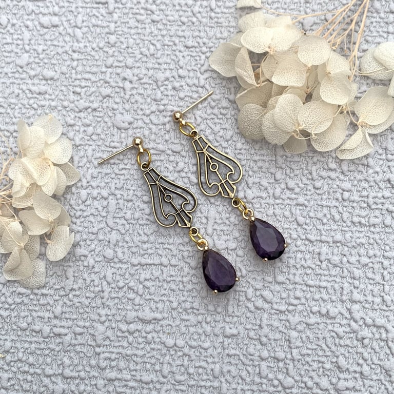 Vintage Style Antique Gold and Purple Glass Crystal Drop Earrings