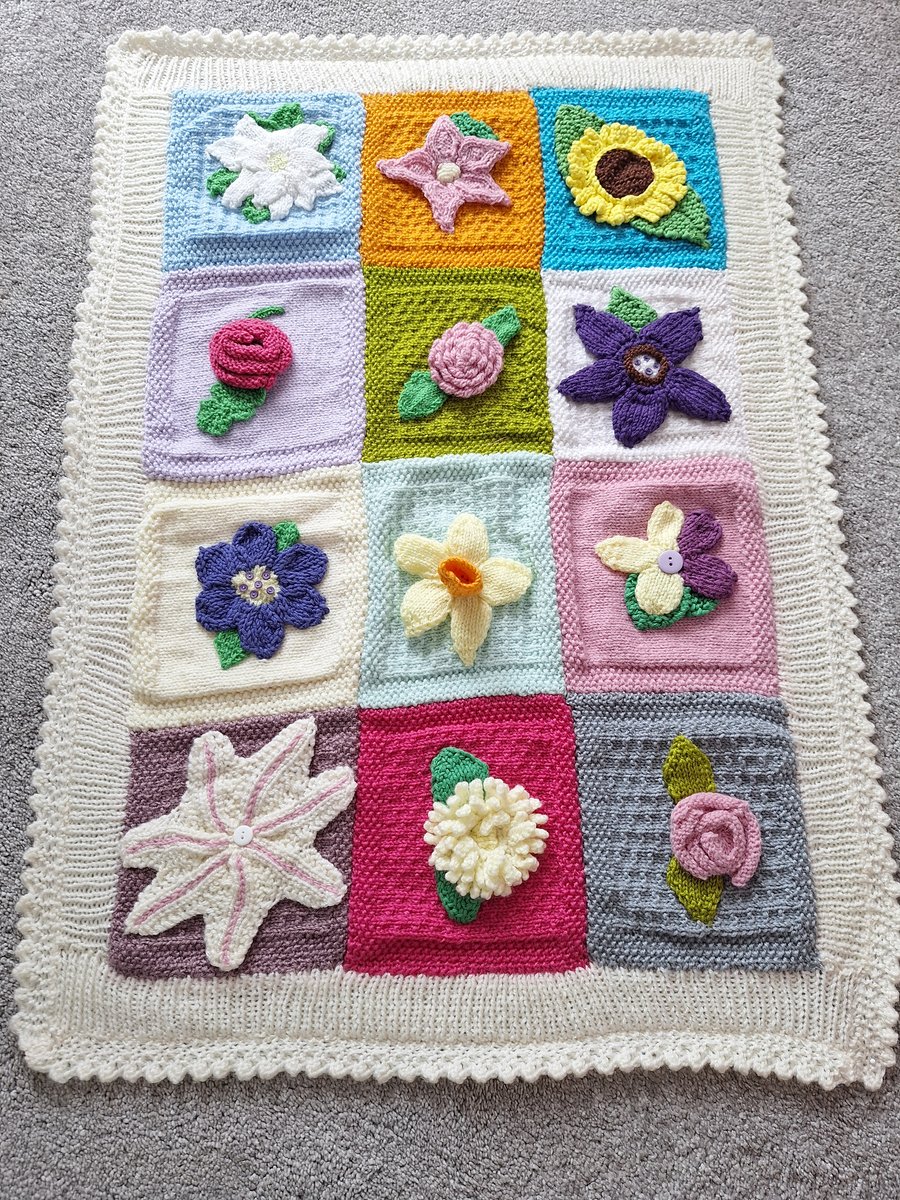 Hand Knitted Applique Flower Lap Throw 