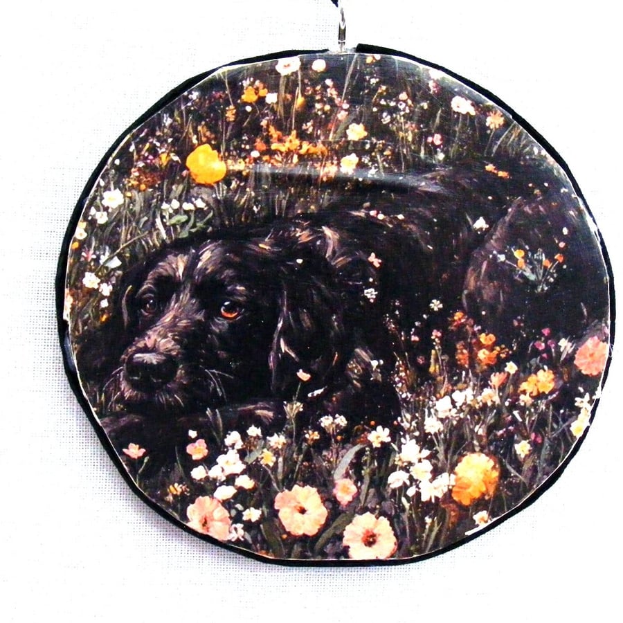 Dogs decoupaged large log slice wall decoration.