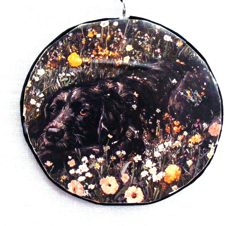 Dogs decoupaged large log slice wall decoration.