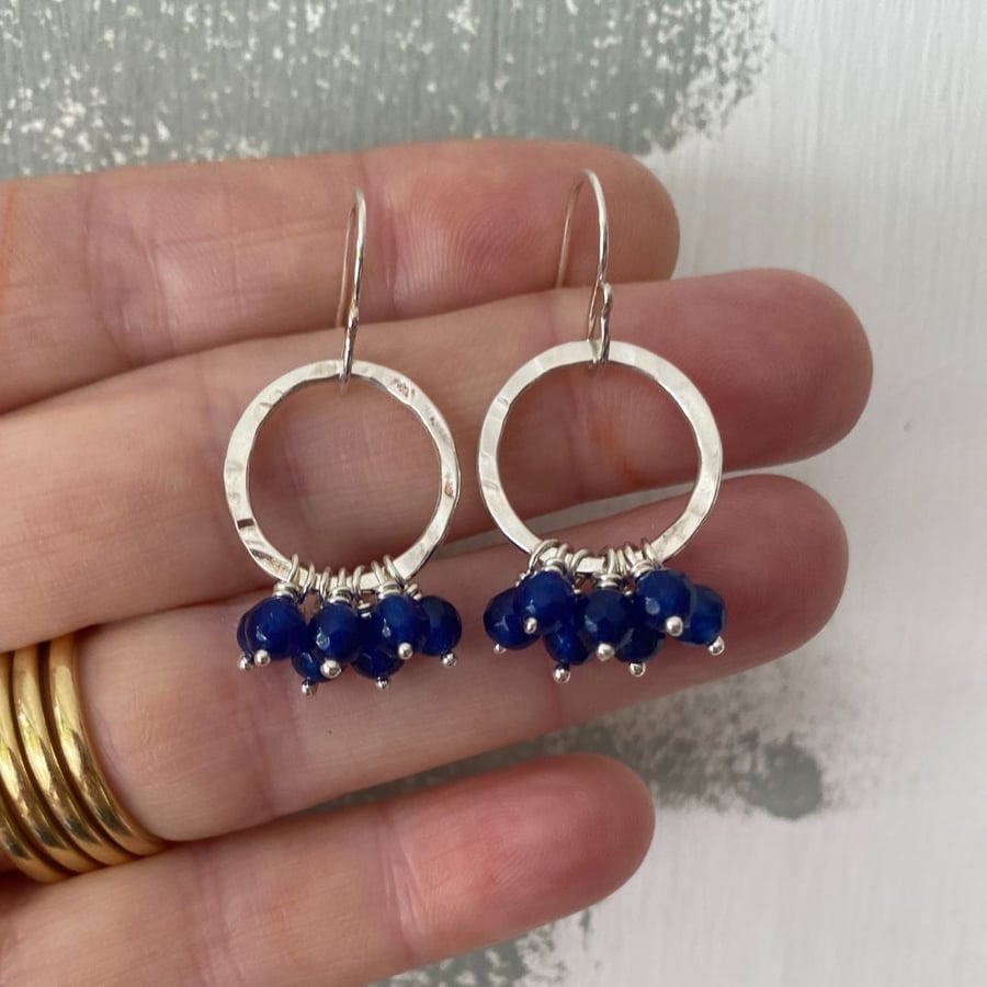 Sapphire Gemstone Super Disco Ruffle Silver Circle Earrings