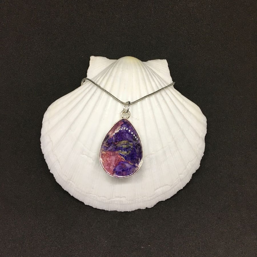 Dried flower petal teardrop necklace with real flower petals.