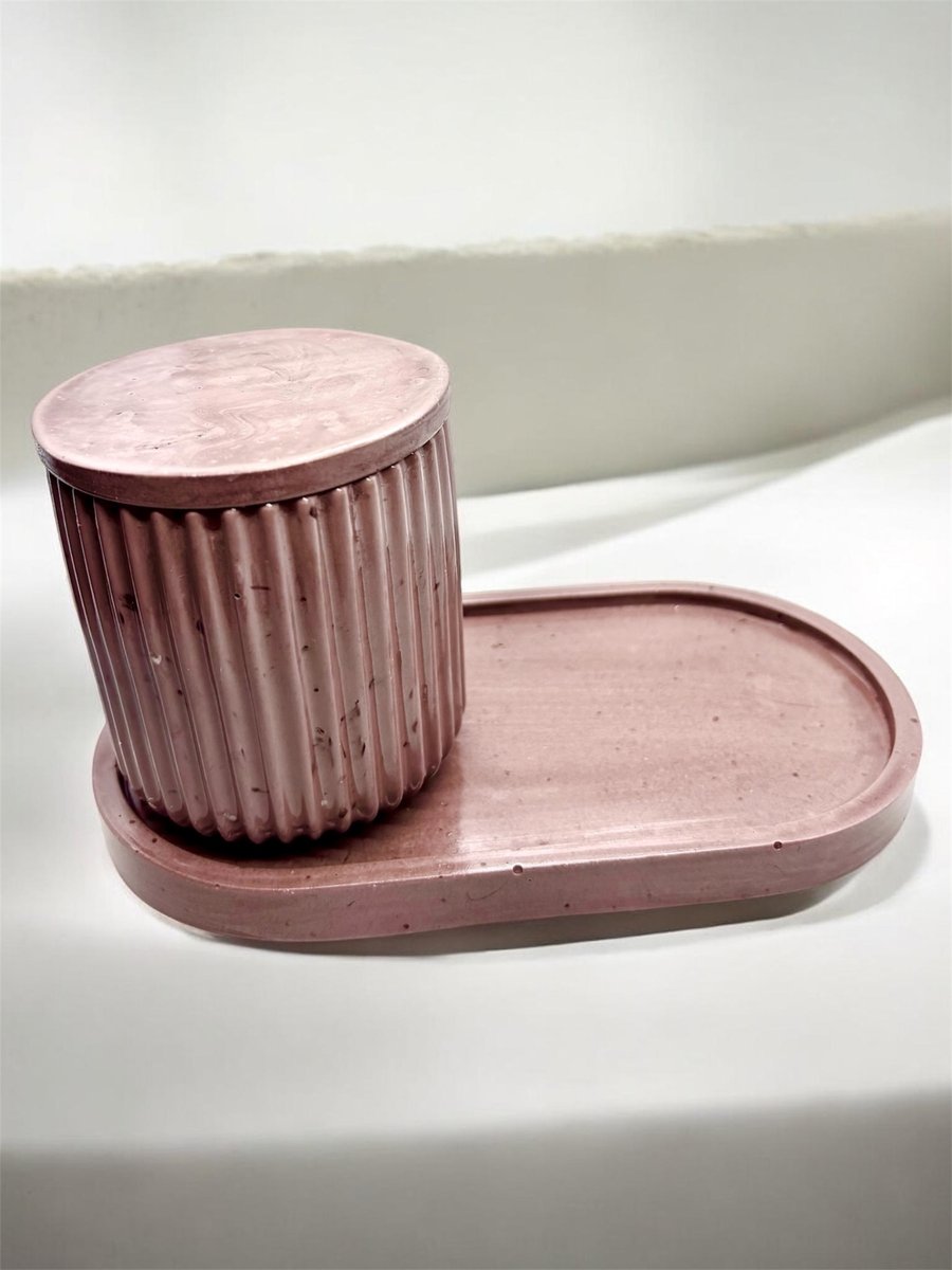 Handmade Ribbed Jesmonite Trinket Jar and Oval Tray Set