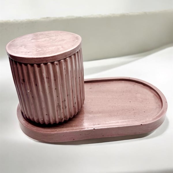 Handmade Ribbed Jesmonite Trinket Jar and Oval Tray Set
