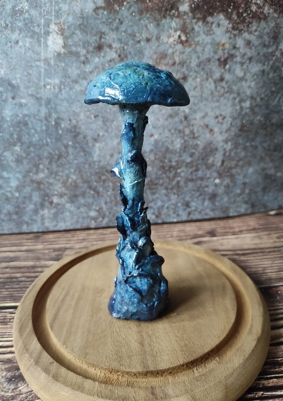 Blue Mushroom Sculpture, Handmade Clay Fungi Art