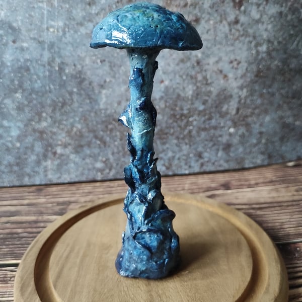 Handmade Clay Blue Mushroom Sculpture