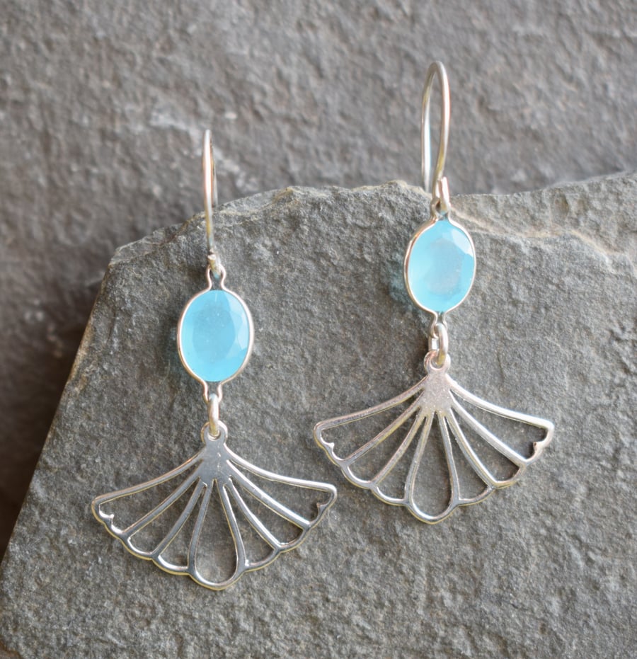 Art Deco Silver Dangle Earrings - Blue Chalcedony Gemstone Earrings