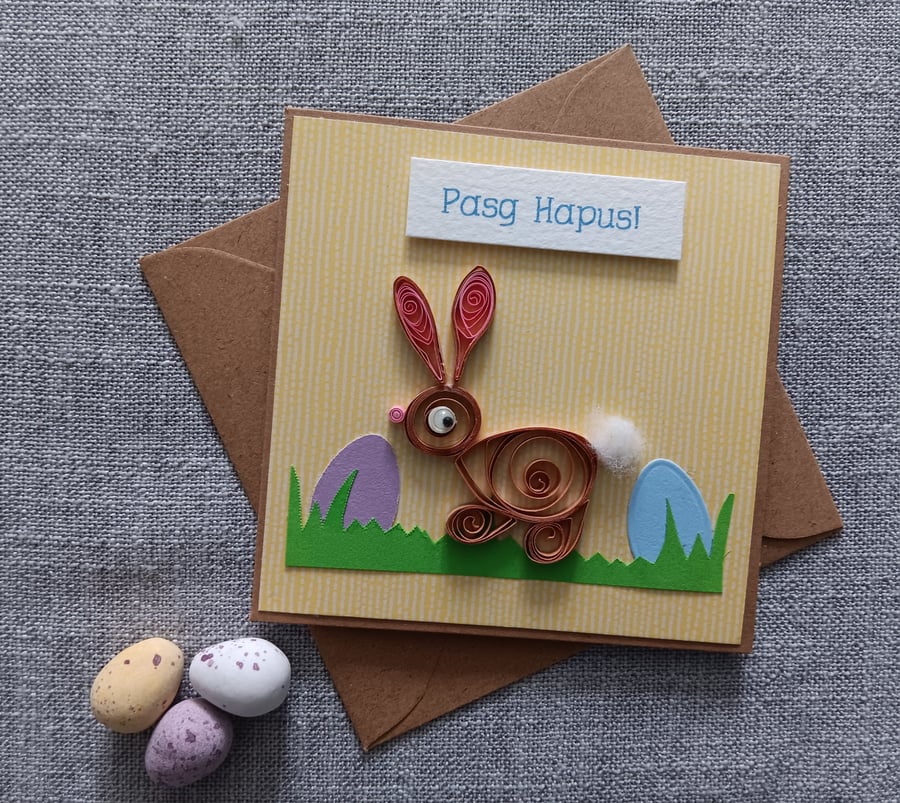 Small Welsh Card with Quilled Bunny Rabbit Size 4" x4" (10cm x 10cm)
