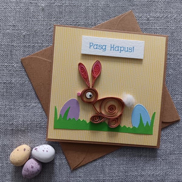 Small Welsh Card with Quilled Bunny Rabbit Size 4" x4" (10cm x 10cm)