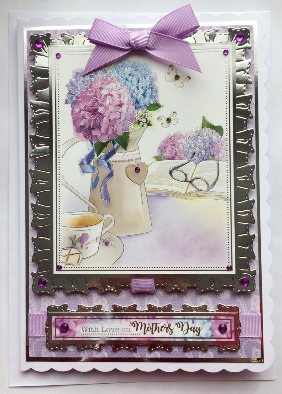 Mother's Day Card With Love on Mother's Day Hydrangeas Book Cup of Tea