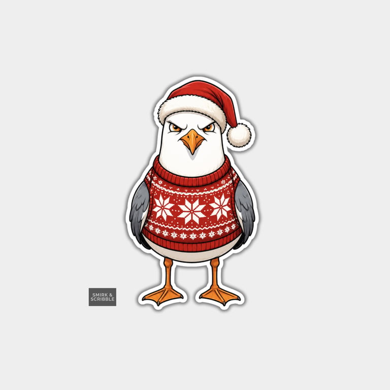 Funny Christmas Sticker Vinyl Xmas Decal For Adults - Seagull In Santa Hat