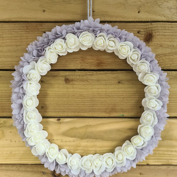 Handmade Yarn Wrapped Wreath With White Foam Roses & Grey Floral Trim