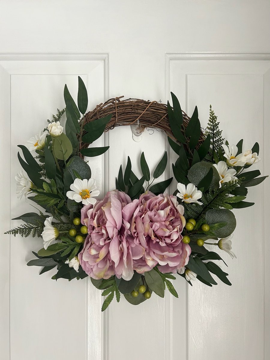 Pink Floral Door Exposed Grapevine Wreath, Indoor and Outdoor, with Peonies