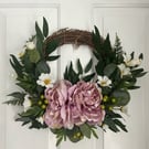 Pink Floral Door Exposed Grapevine Wreath, Indoor and Outdoor, with Peonies