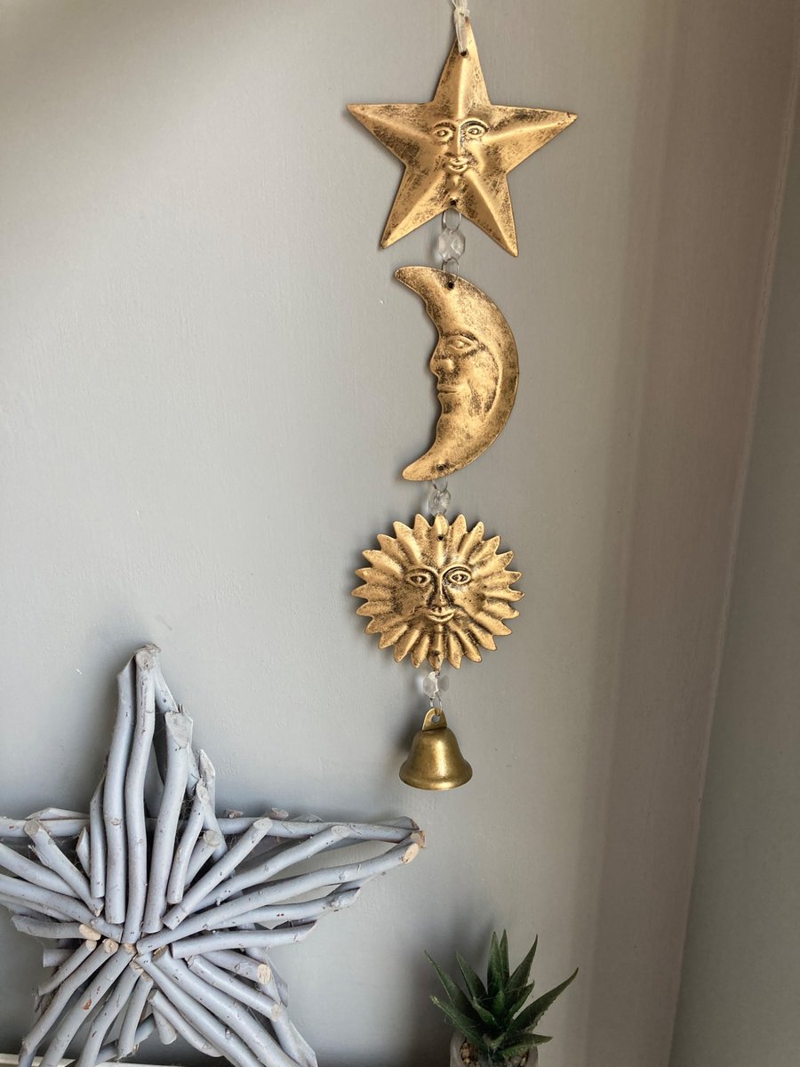 Retro 90s style celestial gold metal hanging decoration with bell 