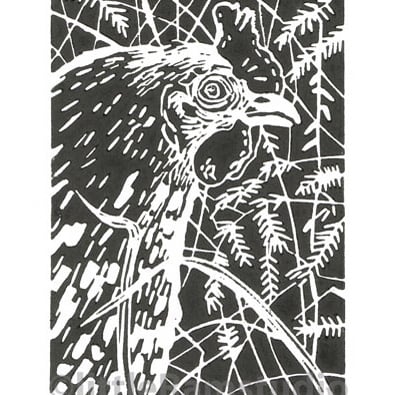 Hen Deep in the Weeds - Original Hand Pulled Linocut Print