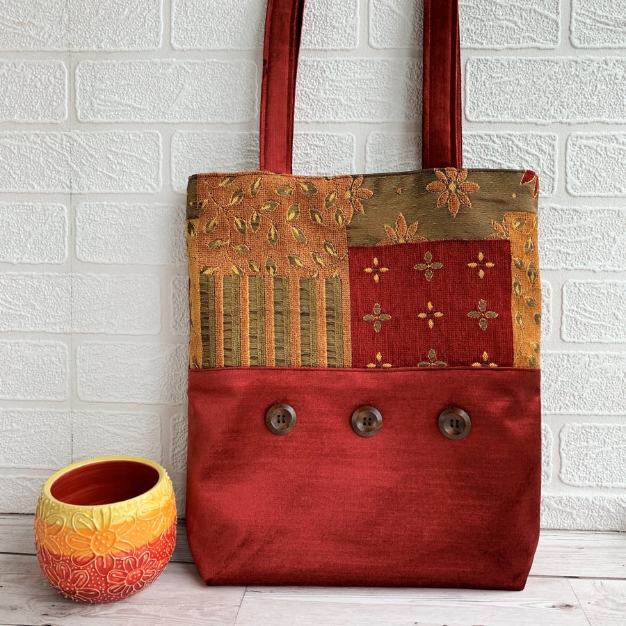 Velvet and Medieval tapestry style tote bag in red, copper and gold