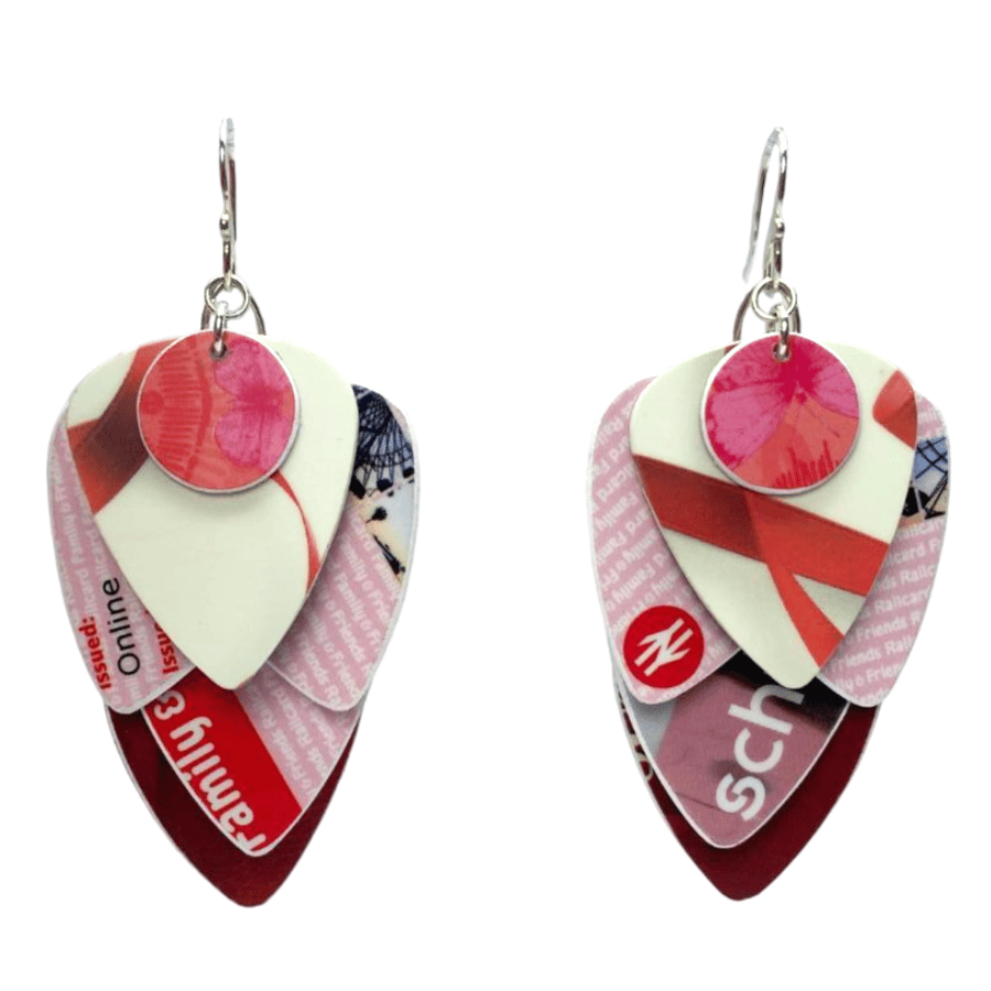 Recycled Red and White Guitar Plectrum Earrings - Off the Rails Earrings