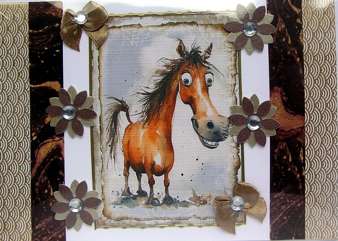 Smiling Pony - Hand Crafted Decoupage Greeting Card - Blank - 2901